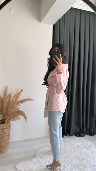 Velva Pembe Bağlamalı Tasarım Gömlek