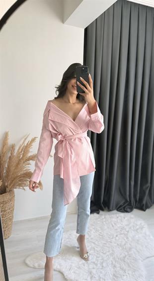 Velva Pembe Bağlamalı Tasarım Gömlek