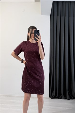 Versa Modal Kumaş Taş Detaylı Bordo Elbise