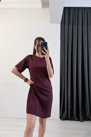 Versa Modal Kumaş Taş Detaylı Bordo Elbise
