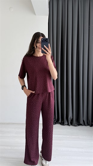 Versa Modal Kumaş Taş Detaylı Bordo Takım