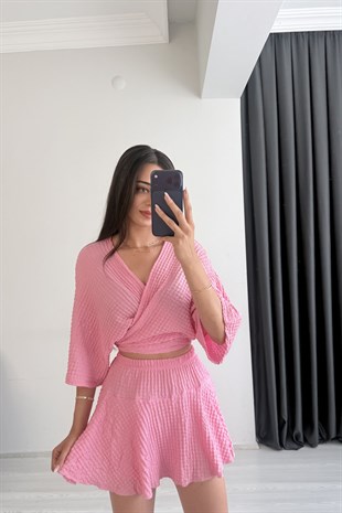 Viola Bürümcük Kumaş Pembe Etek Bluz Takım