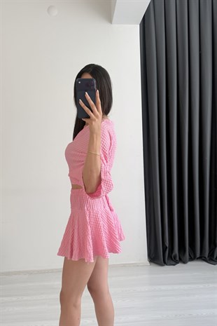 Viola Bürümcük Kumaş Pembe Etek Bluz Takım