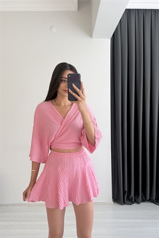 Viola Bürümcük Kumaş Pembe Etek Bluz Takım