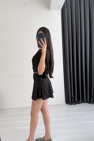 Viola Bürümcük Kumaş Siyah Etek Bluz Takım