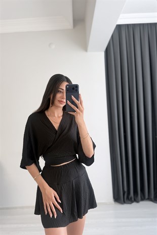 Viola Bürümcük Kumaş Siyah Etek Bluz Takım
