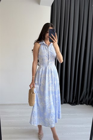 Vionna Düğme Detaylı Nakışlı Elbise