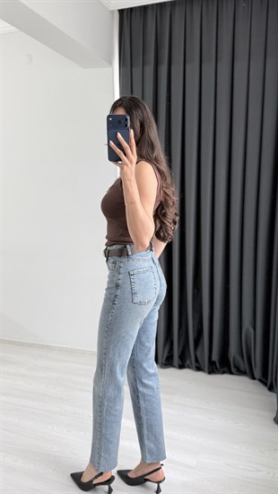 Wang Açık Mavi Kemerli Yüksek Bel Jean