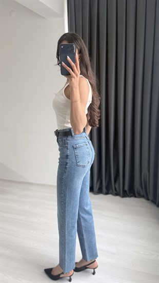 Wang Koyu Mavi Kemerli Yüksek Bel Jean