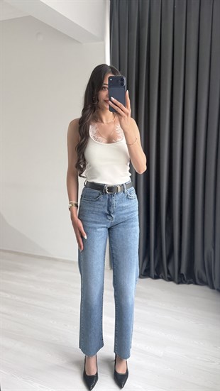 Wang Koyu Mavi Kemerli Yüksek Bel Jean