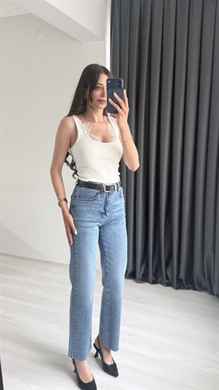 Wang Koyu Mavi Kemerli Yüksek Bel Jean