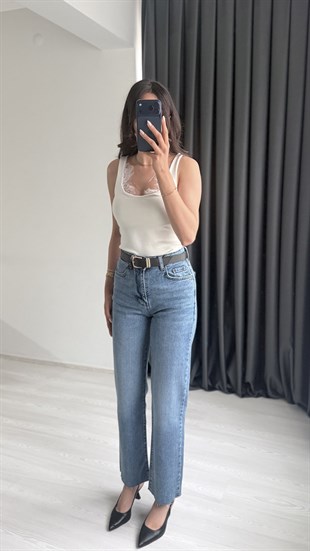 Wang Koyu Mavi Kemerli Yüksek Bel Jean