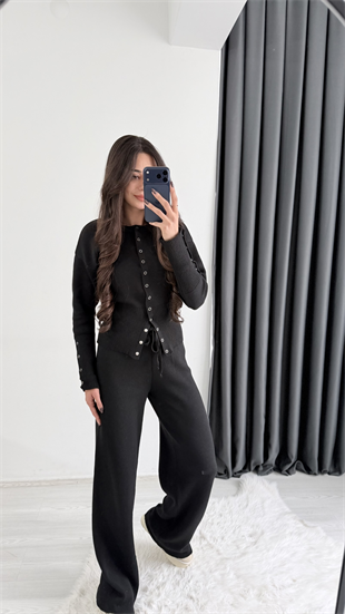 Welma Siyah Çıtçıt Düğmeli Triko Takım