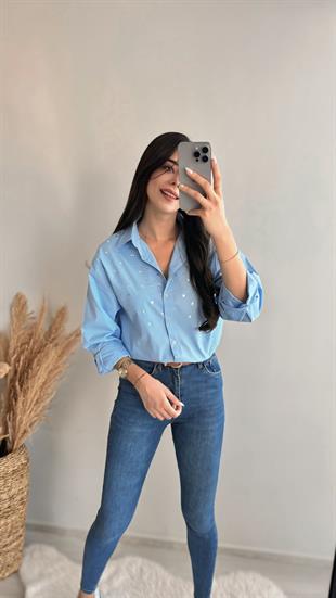 Wore Taş Detaylı Gömlek Mavi