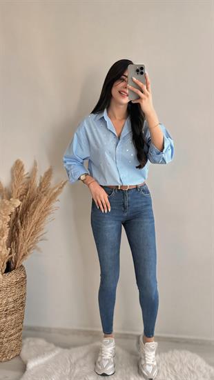 Wore Taş Detaylı Gömlek Mavi