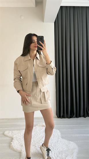 Yesenia Bej Gabardin Tensel Cepli Takım