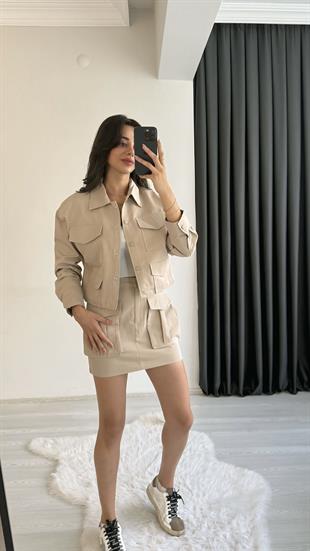 Yesenia Bej Gabardin Tensel Cepli Takım
