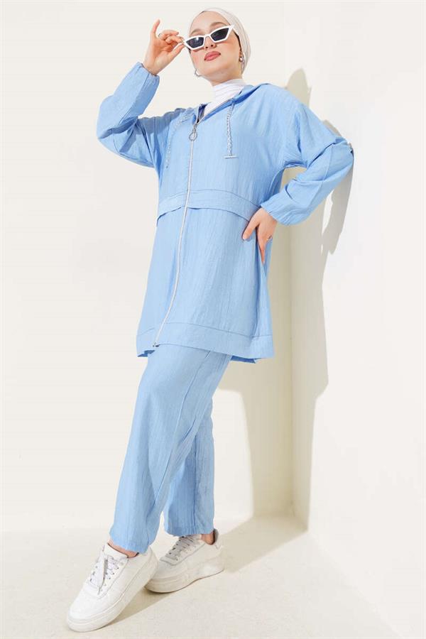 Chain Detailed Hooded 2 Piece Set Blue