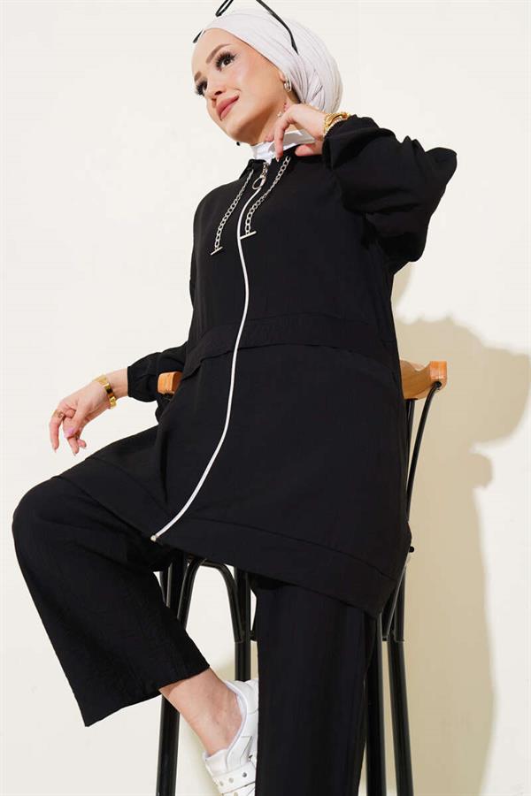 Chain Detailed Hooded 2 Piece Set Black