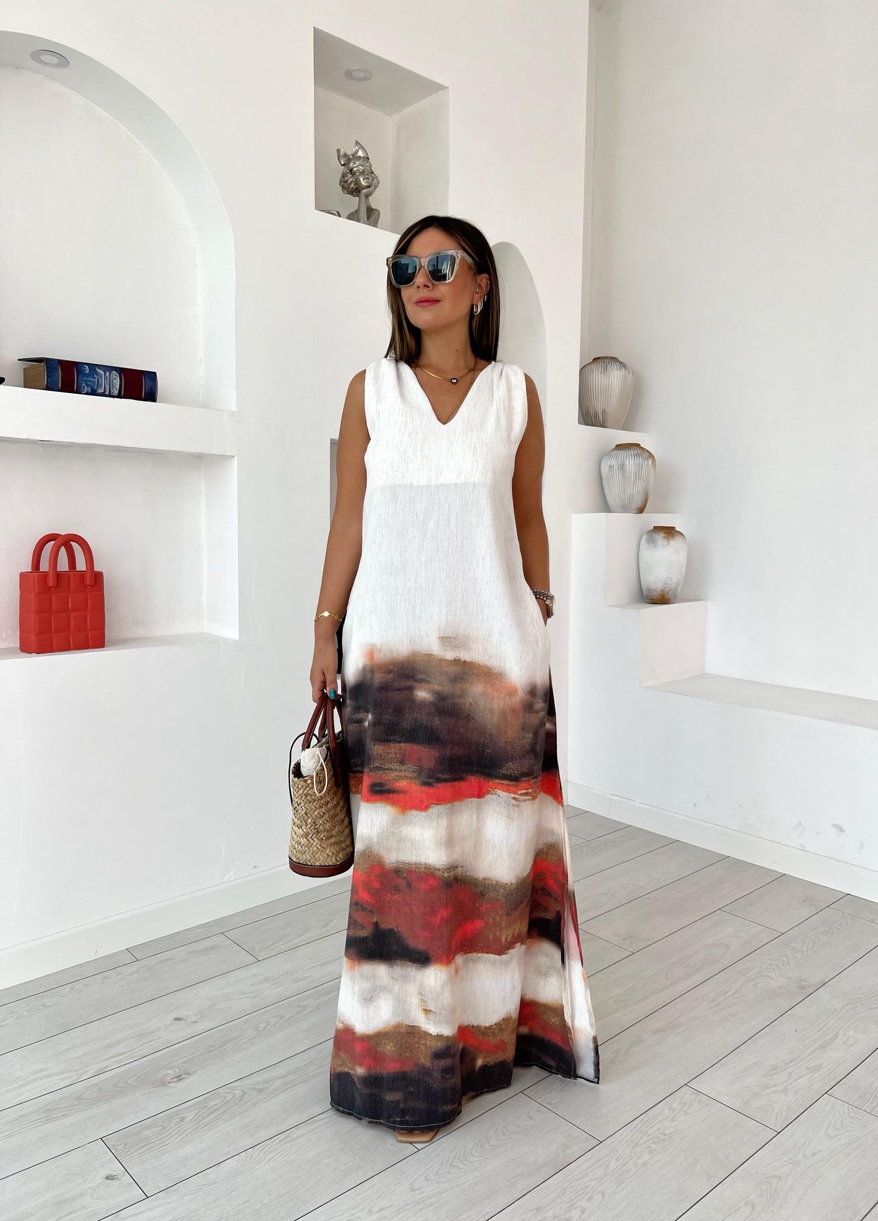 Batik Desen Omuzu Büzgülü Keten Elbise