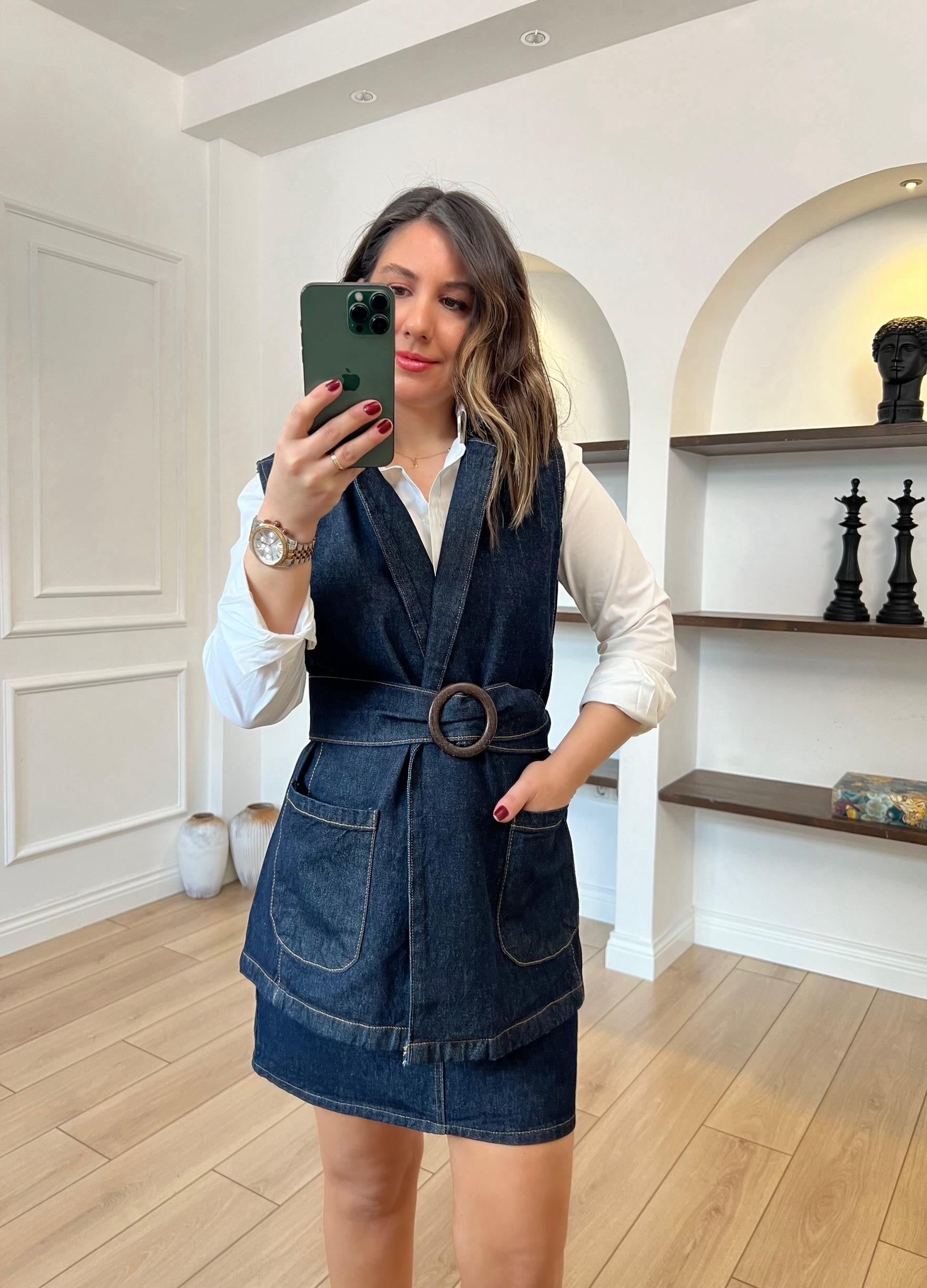Beli Kuşaklı Denim Yelek