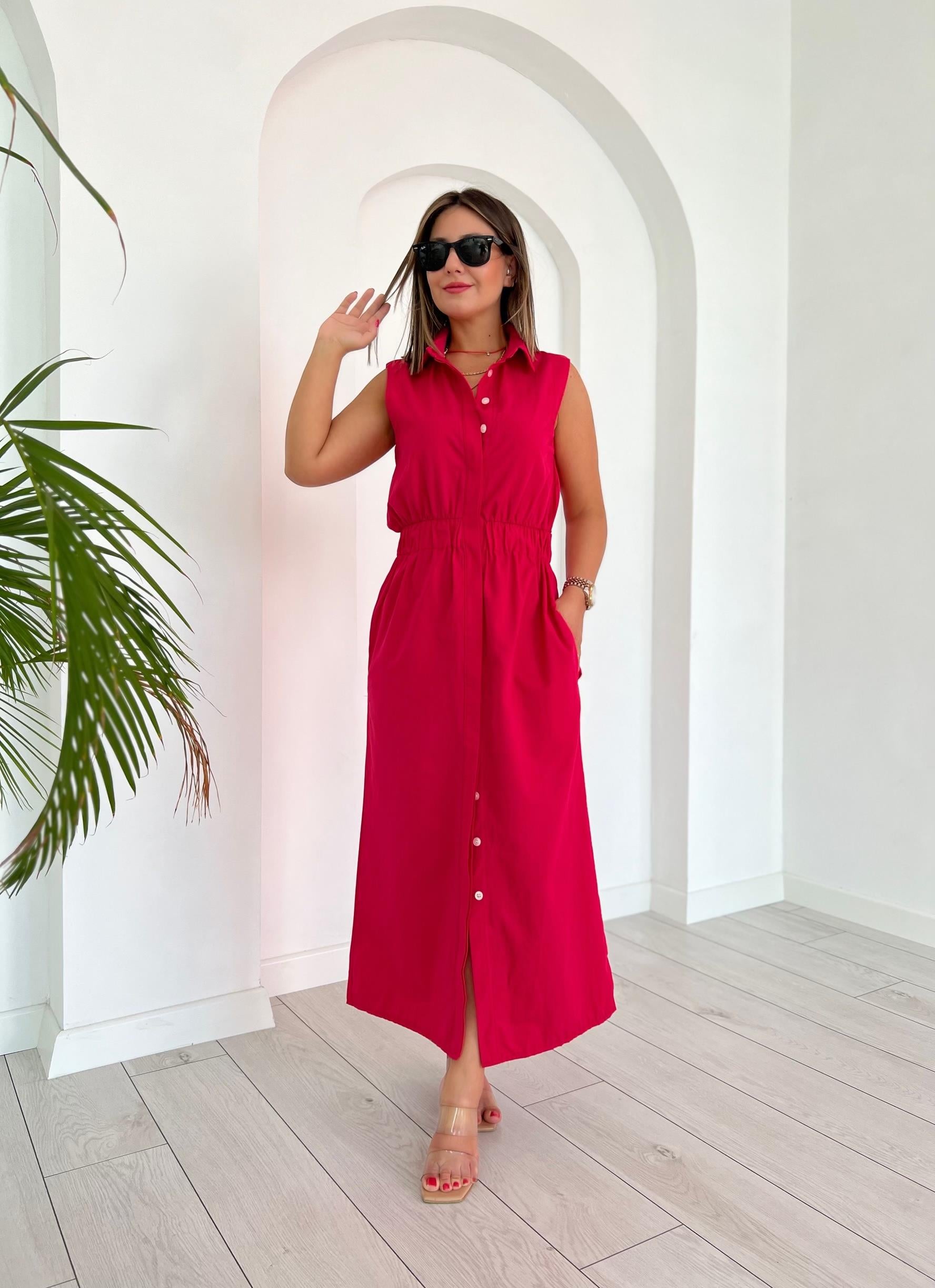 Beli Lastikli Fuşya Poplin Elbise 