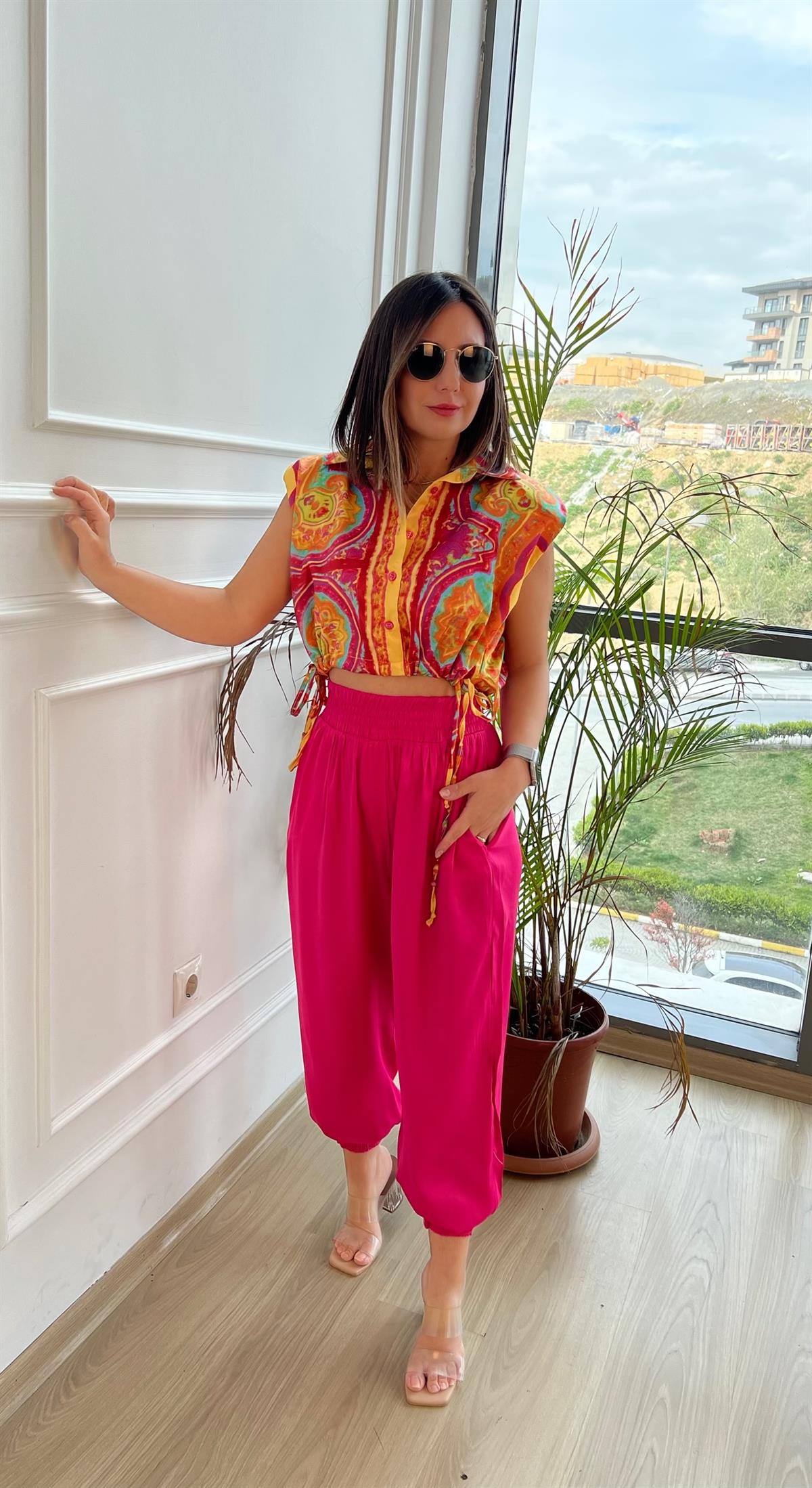 Beli Lastikli Pembe Saten Şalvar Pantolon