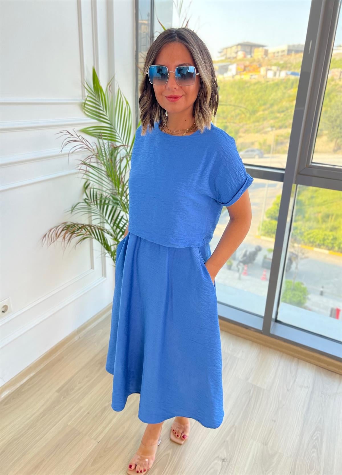 Bluz Detaylı Mavi Kloş Elbise