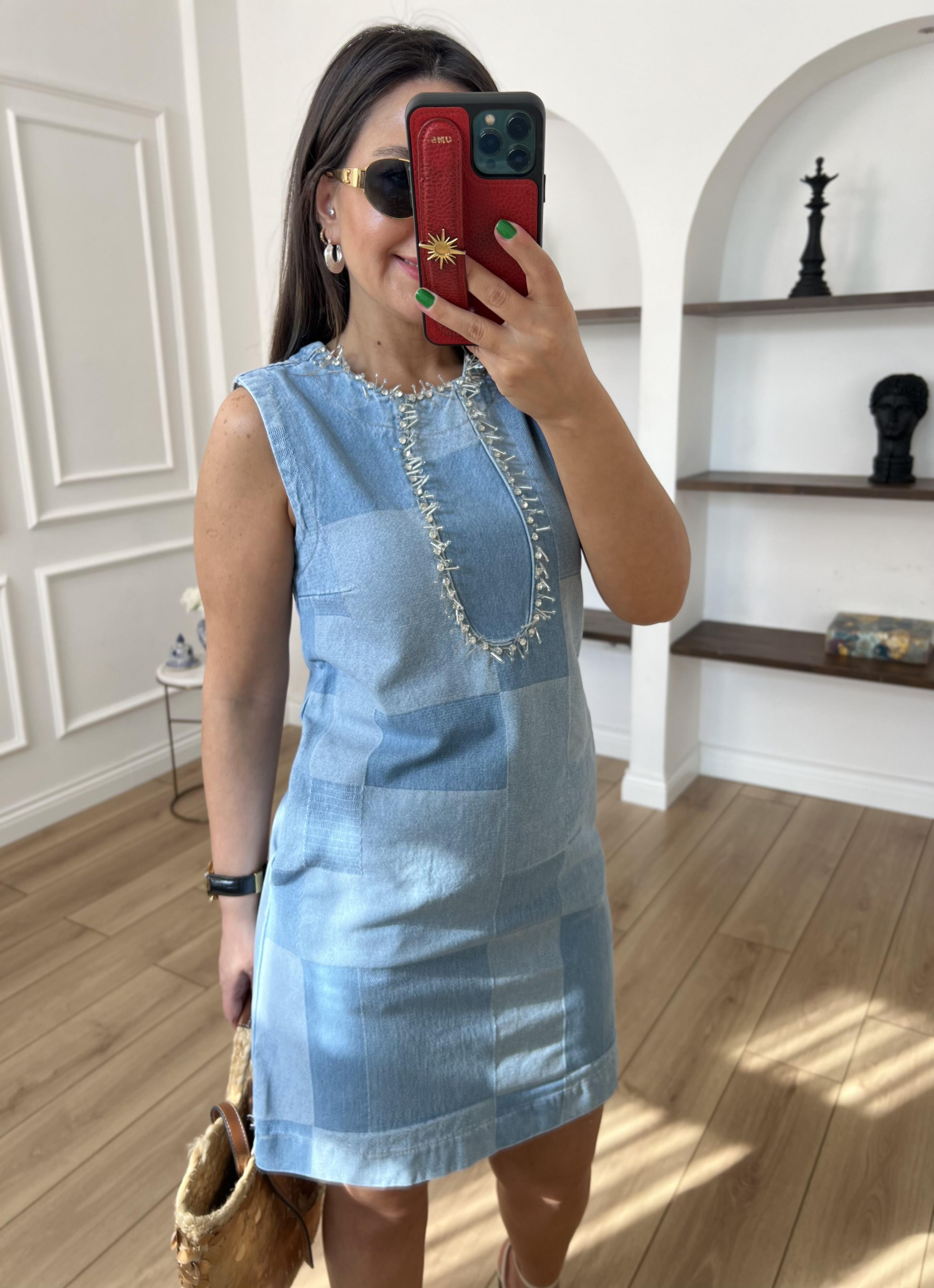 Boncuk İşlemeli Denim Elbise