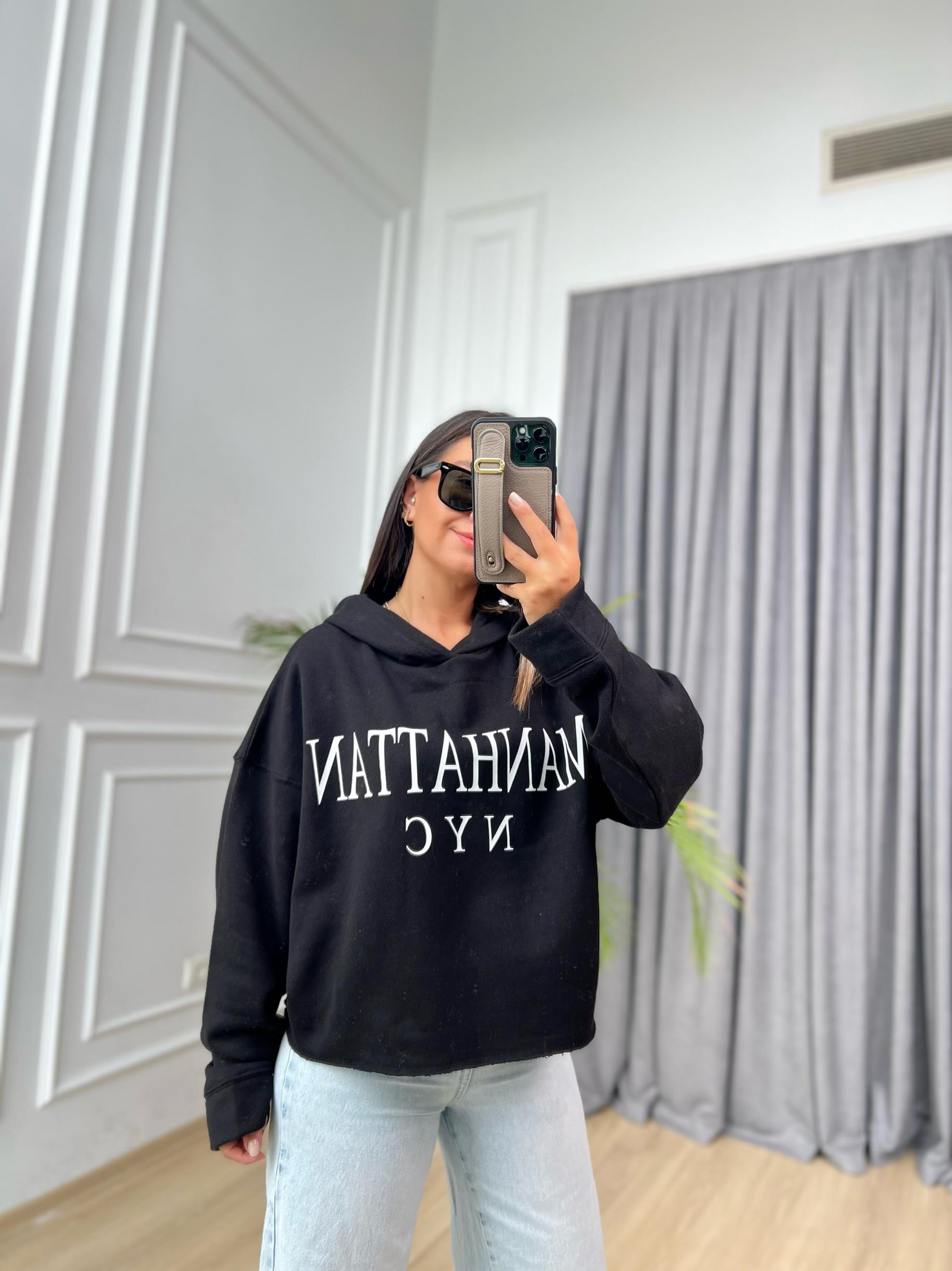 Brooklyn Baskılı Bej Kapişonlu Sweatshırt