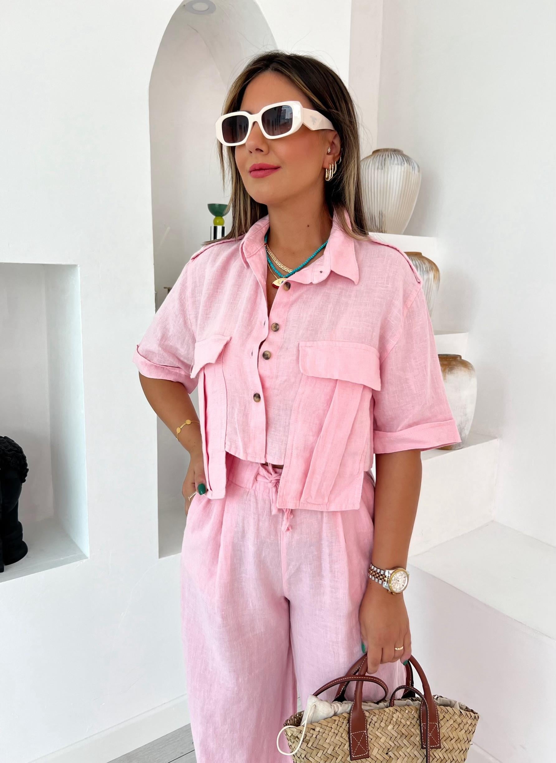 Büyük Cepli Keten Pembe Crop Gömlek