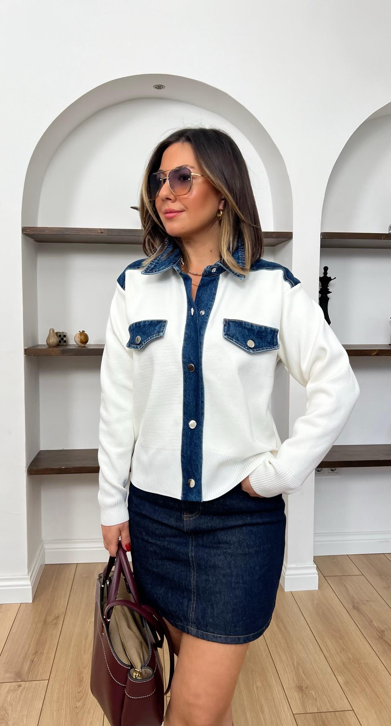 Denim Detaylı Beyaz Triko Ceket Hırka