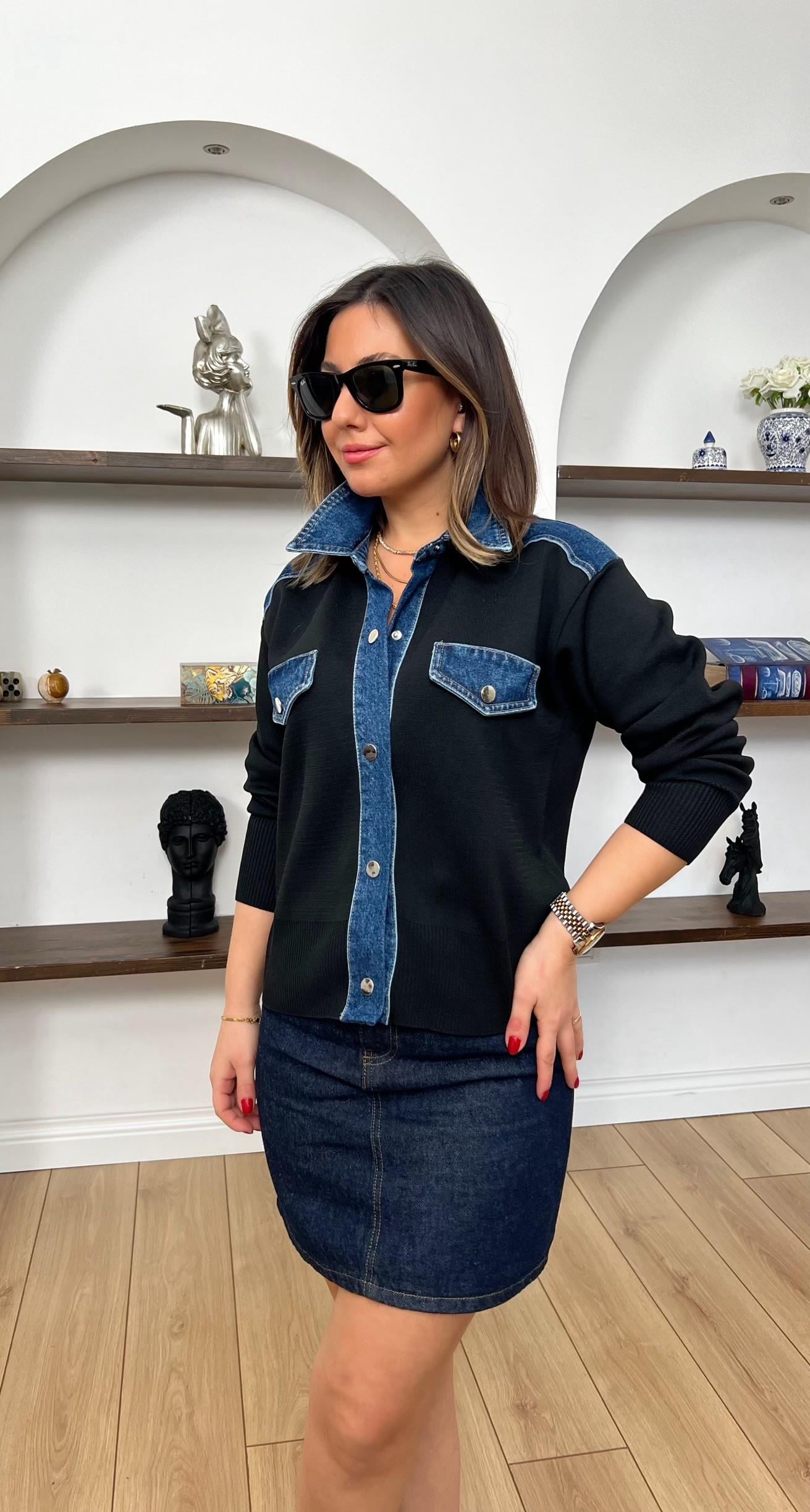 Denim Detaylı Siyah Triko Ceket Hırka
