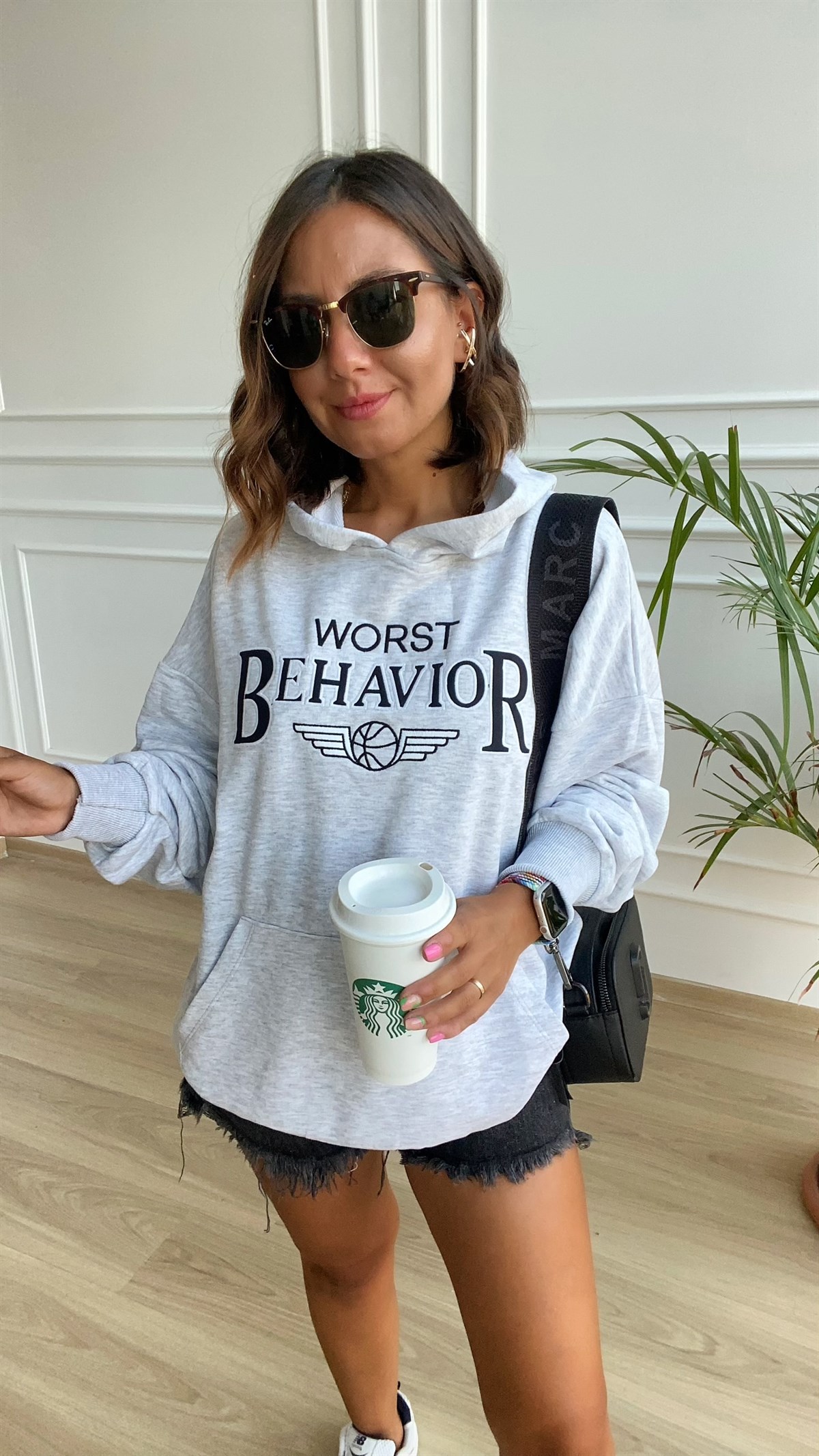 Gri Önden Cebli Kapsonlu Sweatshirt