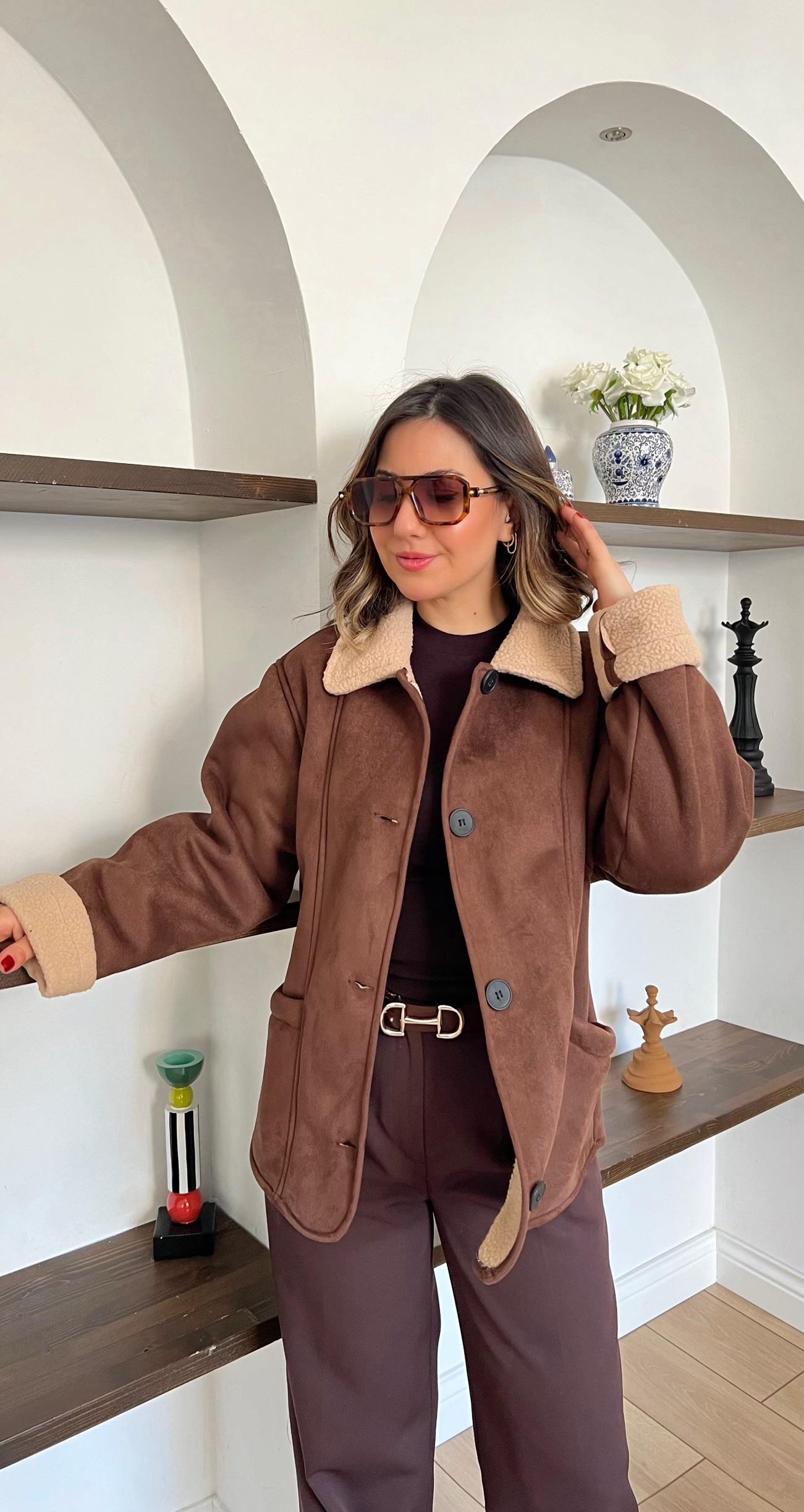İçi Peluş Detaylı Kahverengi Nubuk Mont