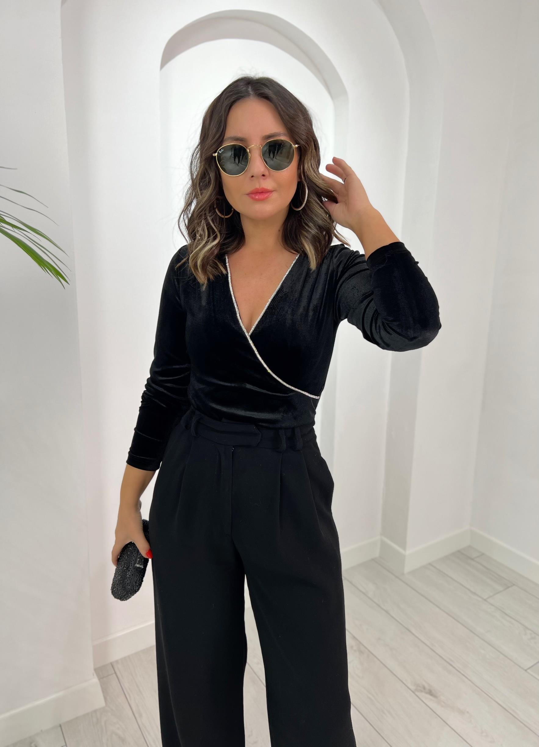 Kruvaze Yaka Taşlı Badysuit Bluz