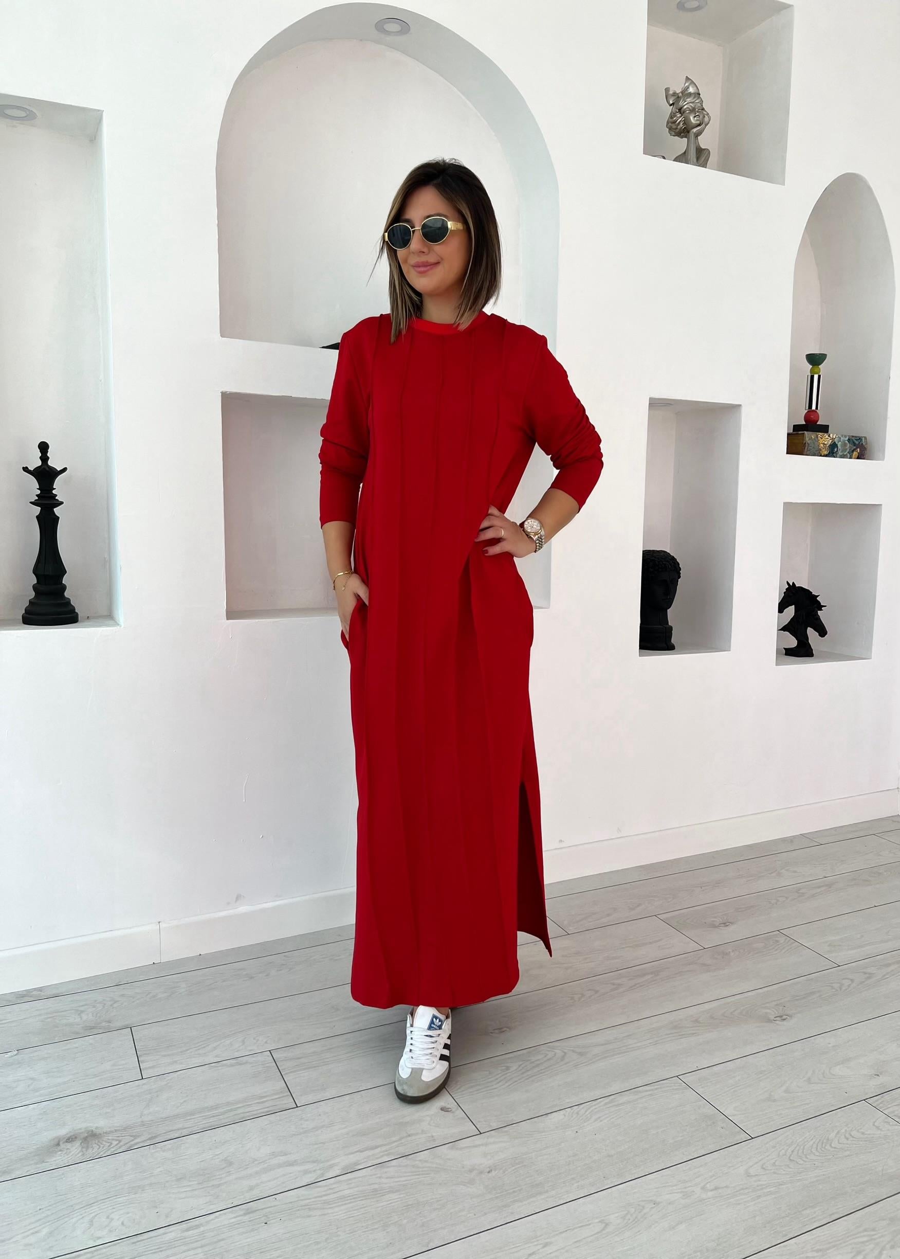Ms Çimalı Uzun Kırmızı Elbise