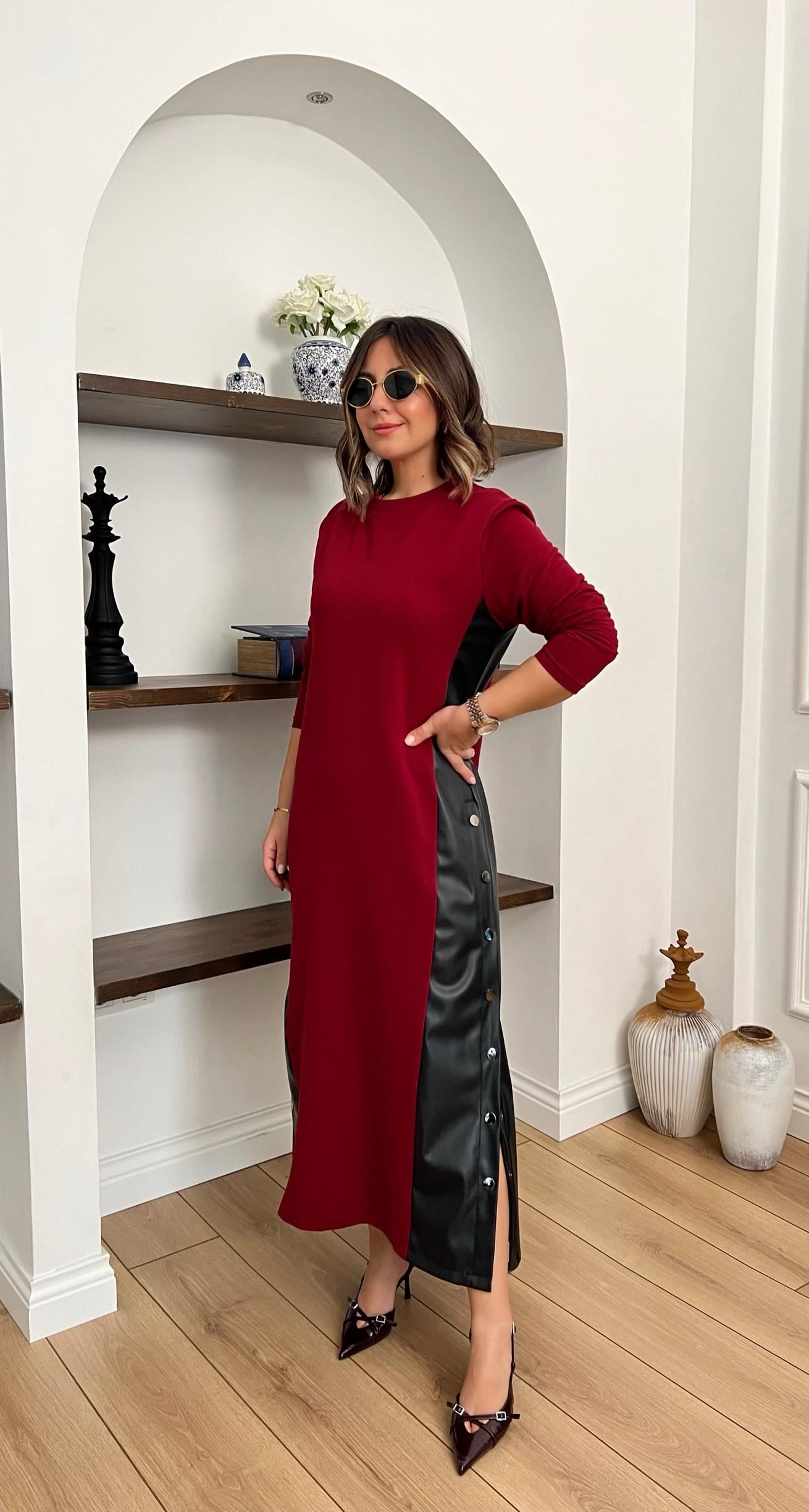 Ms Yanları Deri Çıtçıt Detaylı Mürdüm Elbise