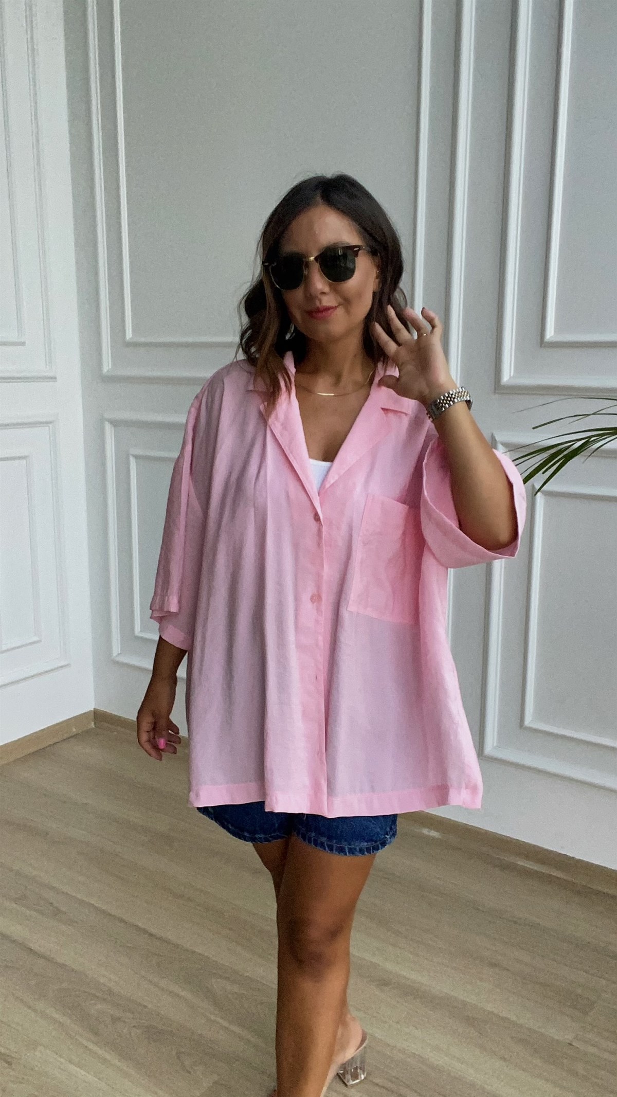 Pembe ayrobin Kumas Yandan Yırtmaclı Gömlek