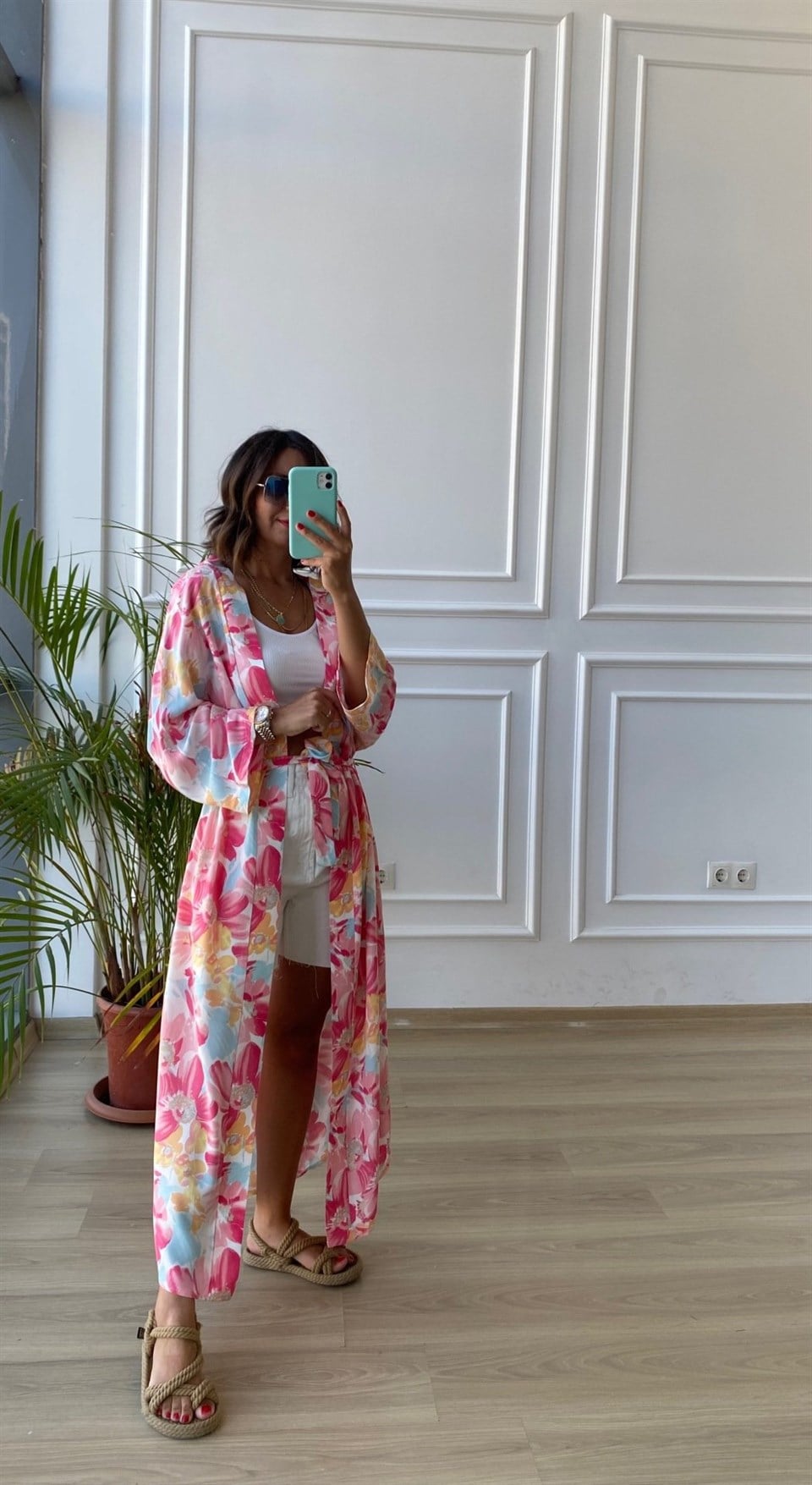 Pembe Çiçek Desenli Kimono