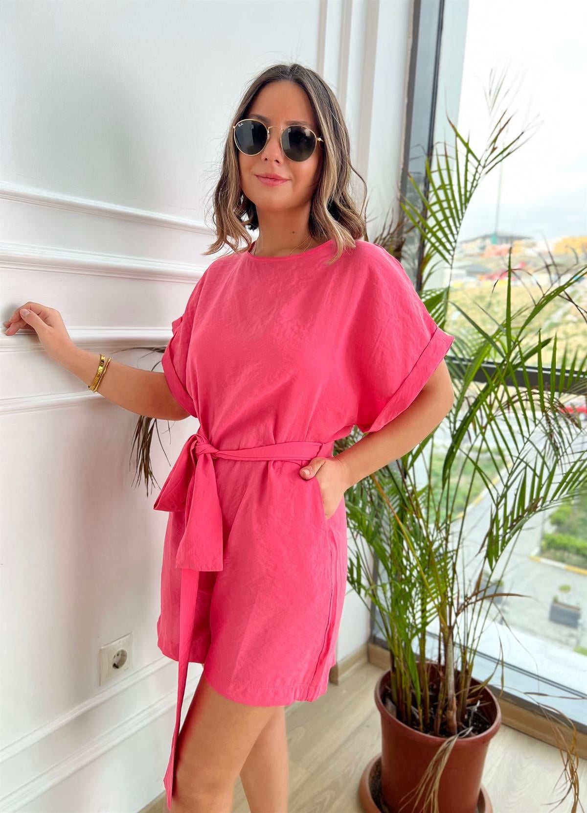 Pembe Tensel Kumaş Beli Kuşaklı Tulum