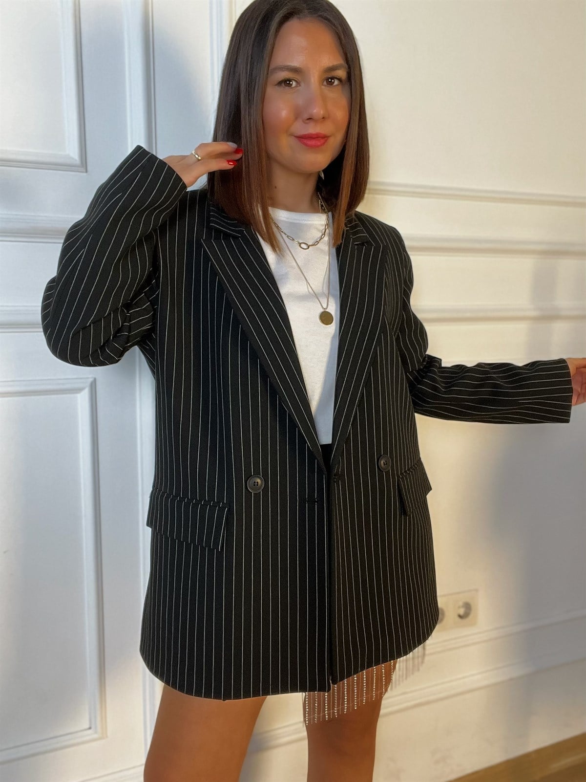 Siyah Çizgili Blazer Ceket