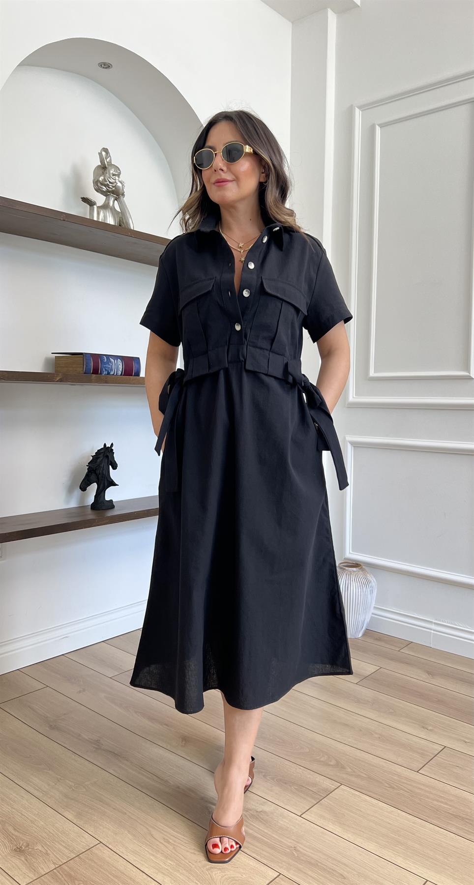 Beli Büzgü İpli Kargo Cepli Siyah Keten Elbise