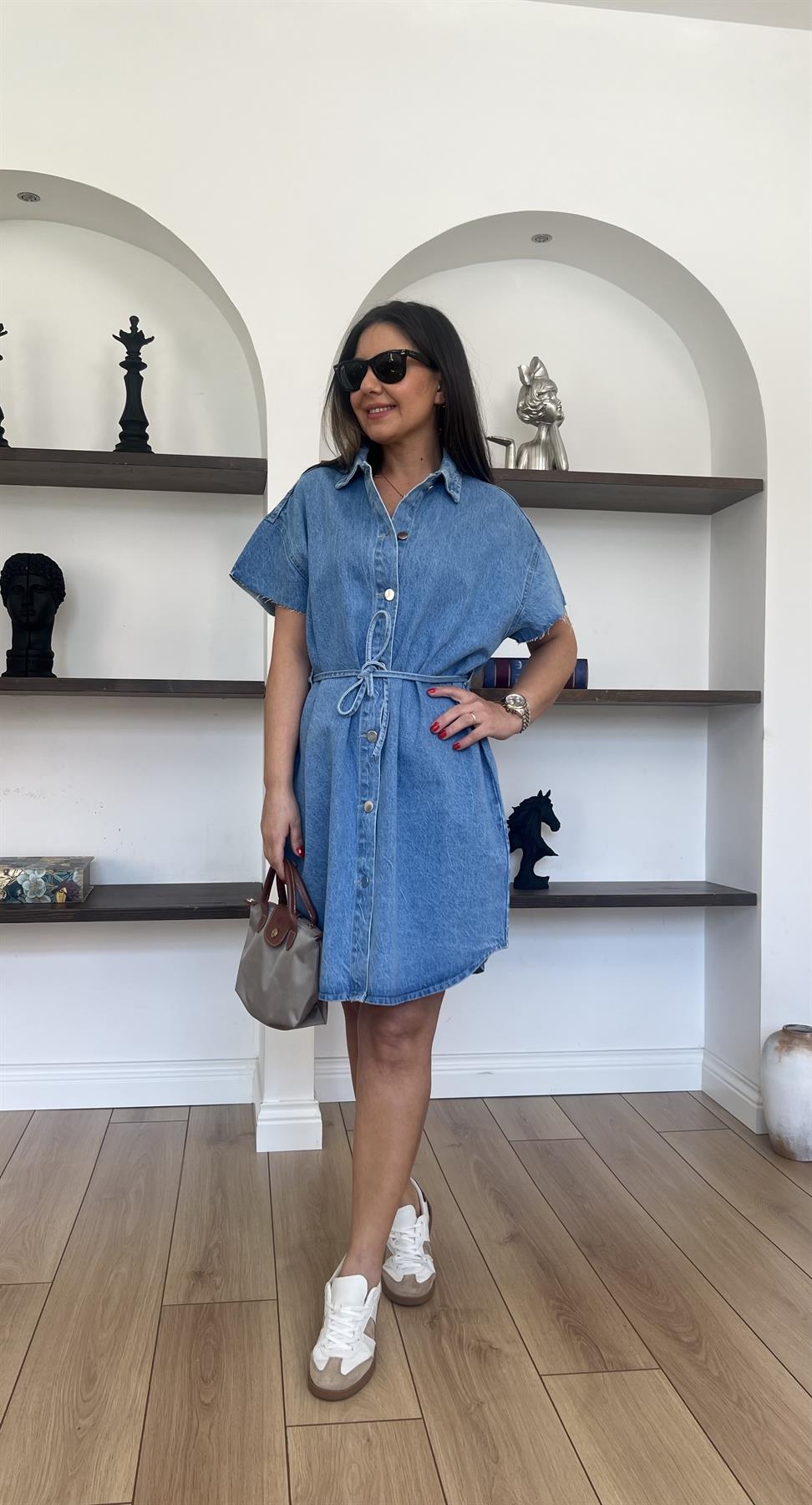 Beli İp Detaylı Denim Elbise