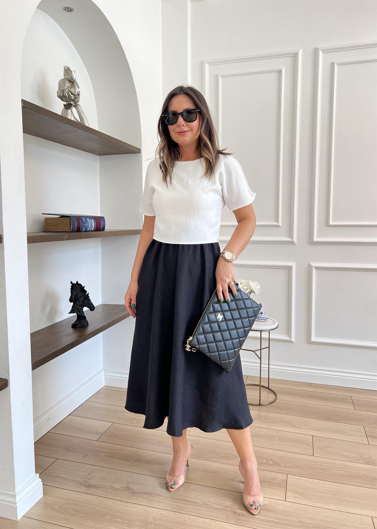 Bluz Detaylı Siyah Kloş Elbise