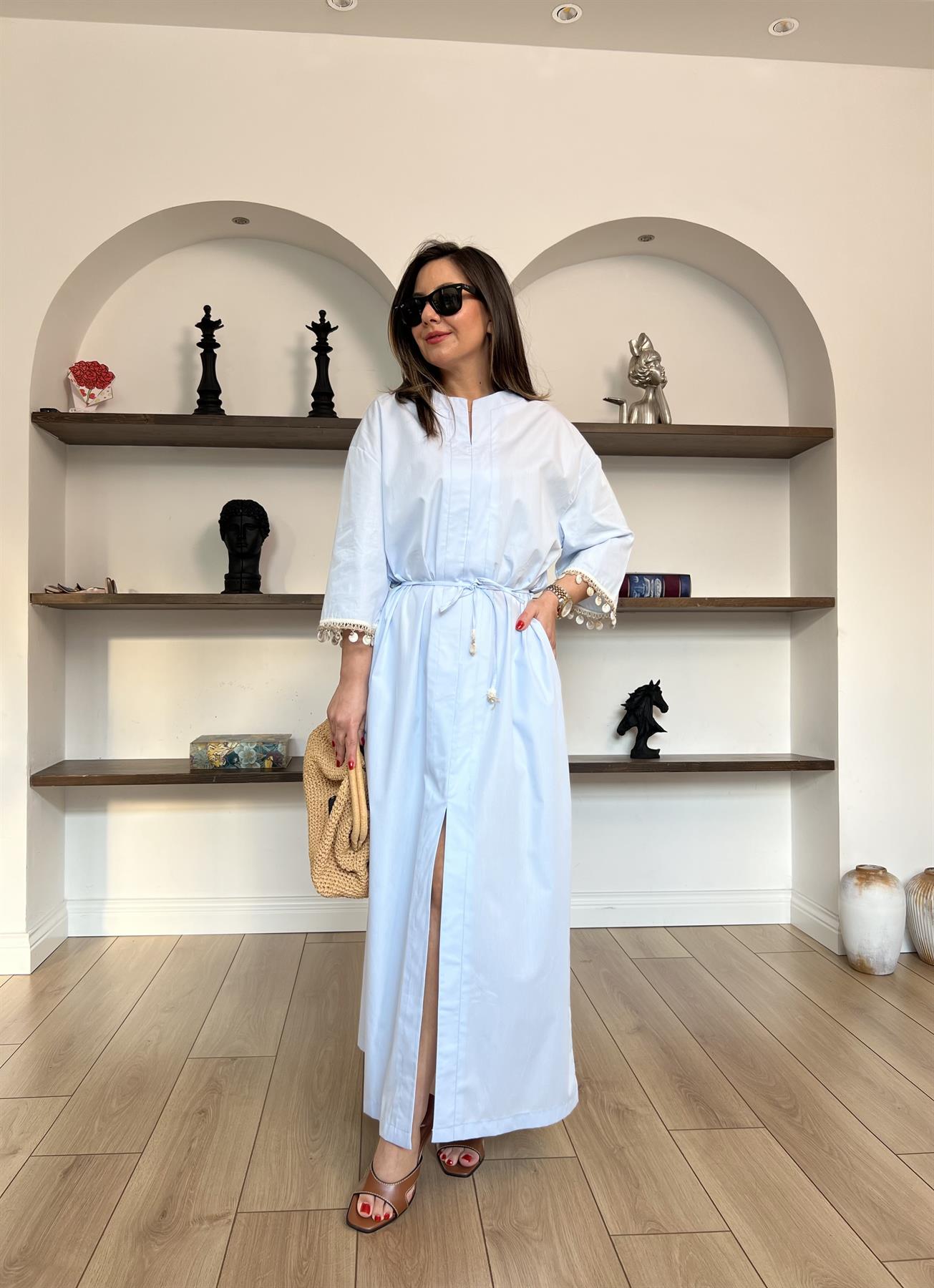 Boncuk Detaylı Bebe Mavi Poplin Elbise