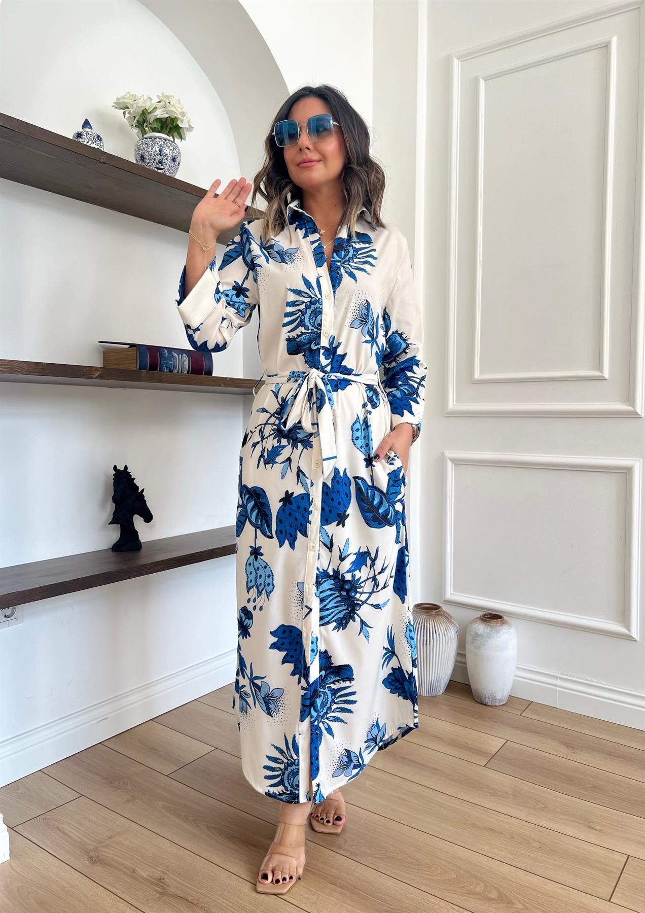 Çiçek Desenli Beli Kuşaklı Gömlek Elbise