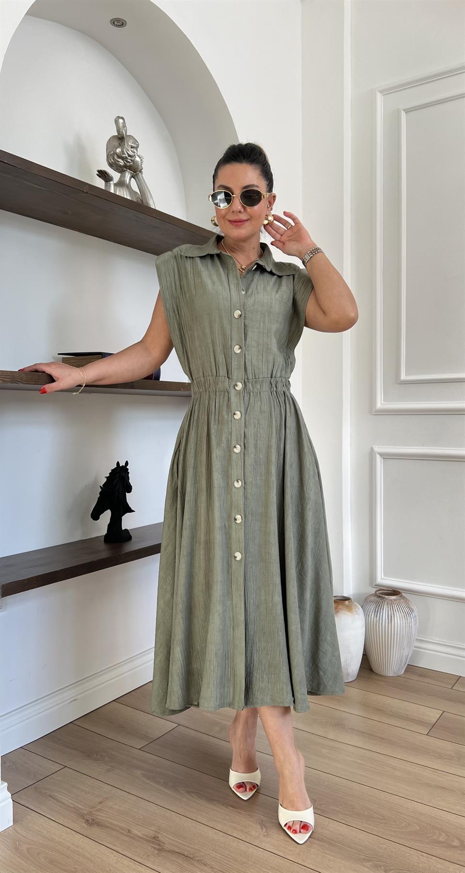 Earth & Aura Vatkalı Beli Lastikli Haki Gömlek Elbise