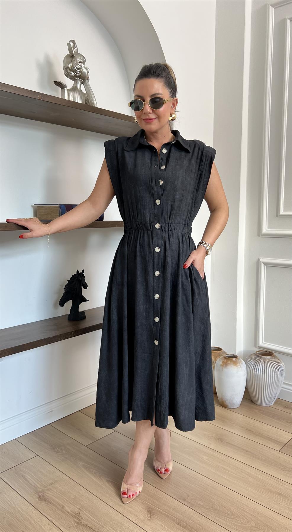 Earth & Aura Vatkalı Beli Lastikli Siyah Gömlek Elbise