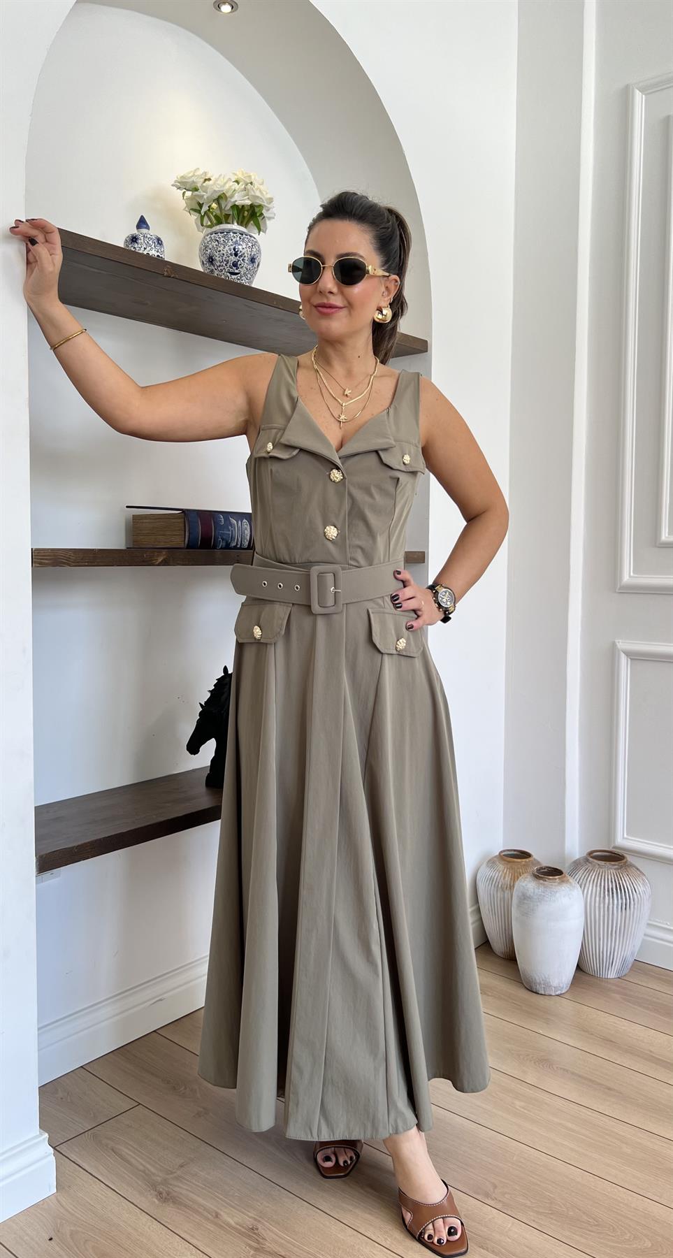 Gold Düğmeli Kalın Askılı Haki Elbise